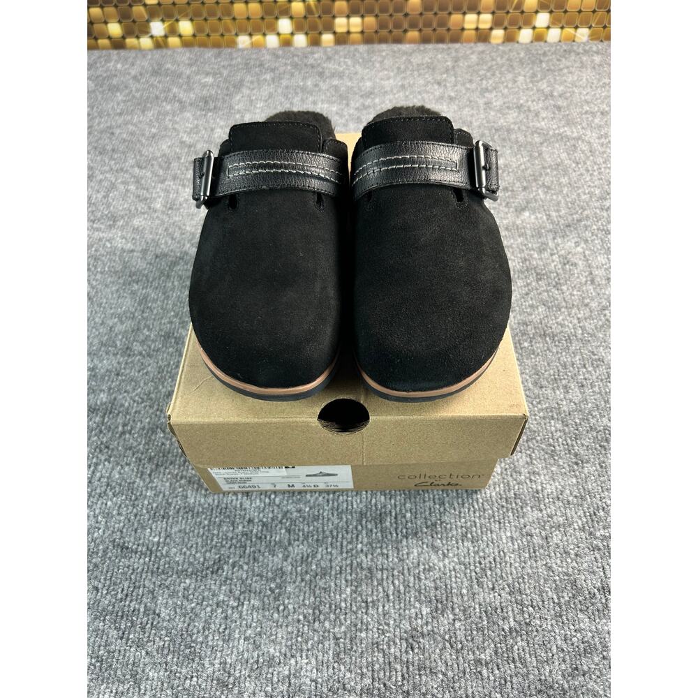 Clarks Brynn Black Suede Clogs WM Size 7 M Faux Fur Lined Buckle Mule Slippers - Picture 7 of 12